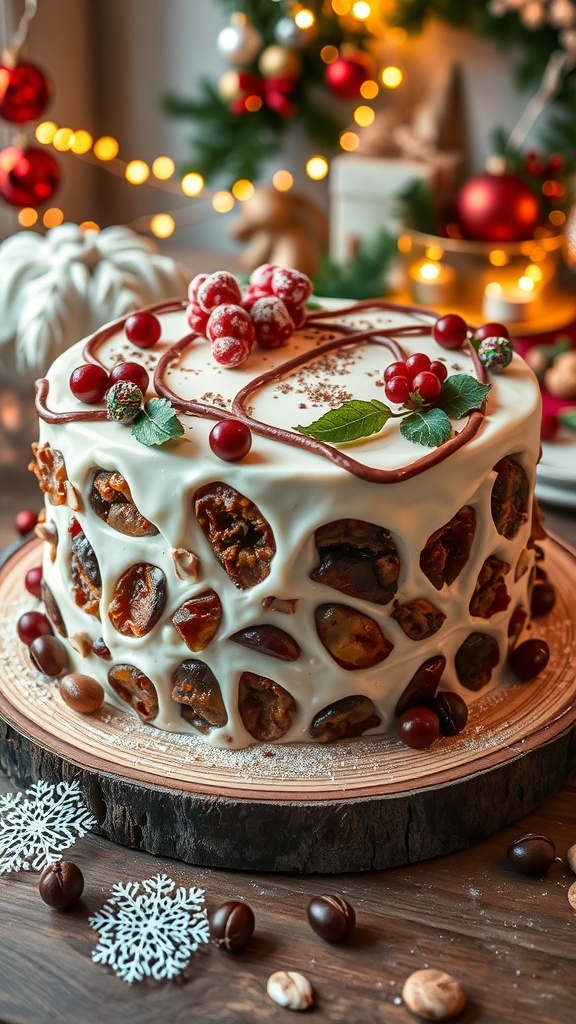 A traditional Christmas cake covered in white icing and decorated with festive ornaments, on a wooden table with holiday decorations.